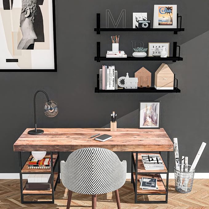 Floating Shelves - 24 Inch Wall Mounted Set of 3, Rustic Wood Storage Shelves for Living Room (Black)