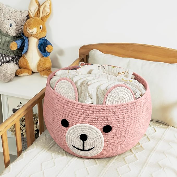 CherryNow Baby Basket for Nursery, Bear Gift Baskets for Girls, Baby Shower Basket with Handles, Large Diaper Caddy Organizer, Bright Pink, 15.7"D x 10.5"H