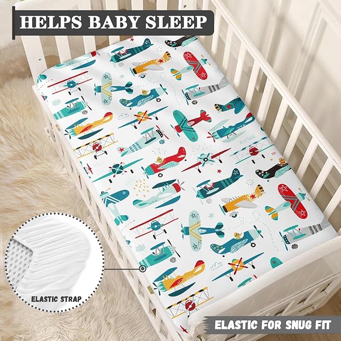 Airplane Fitted Crib Sheet for Boys Girls Cute Airplanes Baby Sheet for Standard Crib and Toddler Colorful Stars Clouds Nursery Bed Mattress Sheets 28"x52"