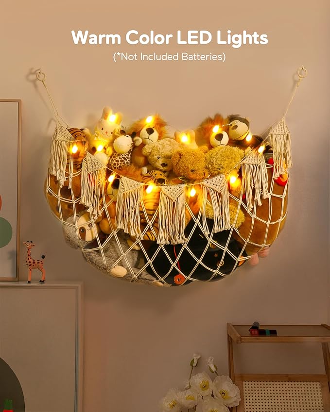 Boho Macrame Stuffed Animal Hammock with LED Lights, Wall Corner Hanging Plushie Net, Large Toy Organizer for Kids Bedroom Nursery Playroom & Dorm (White XL)