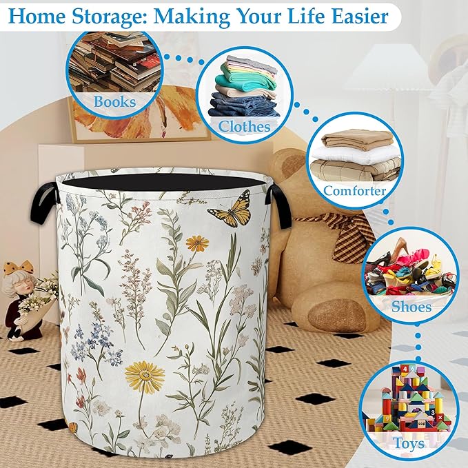 Herbs Floral Laundry Basket Collapsible Laundry Hamper Clothes Toy Storage Bin for Bathroom Bedroom Room Decor 16" X 20.8"
