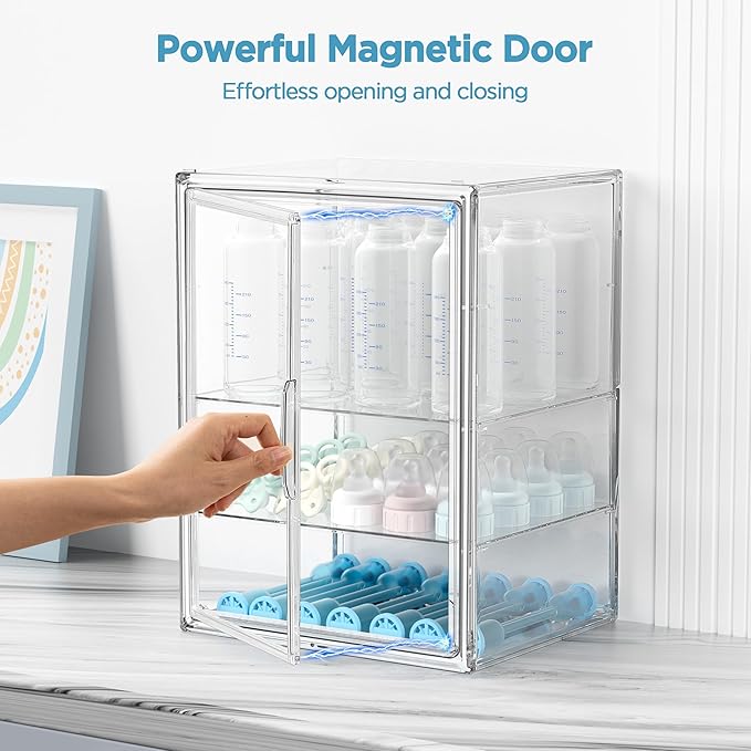 HBlife Baby Bottle Storage Organizer for Countertop Cabinet, 3 Tiers Adjustable Clear Acrylic Bottles Storage Station Case Box Container with 2 Removable Dividers and Magnetic Door, Large