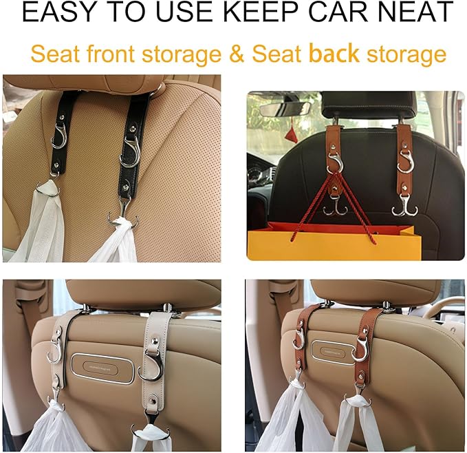 Headrest Hooks for Car Back Seat Organizer Black Faux Leather Hanger Holder Hook, for Hanging Purses and Bags and Coats Grocery Bag Umbrellas Handbag Car Accessories Interior Men for Women