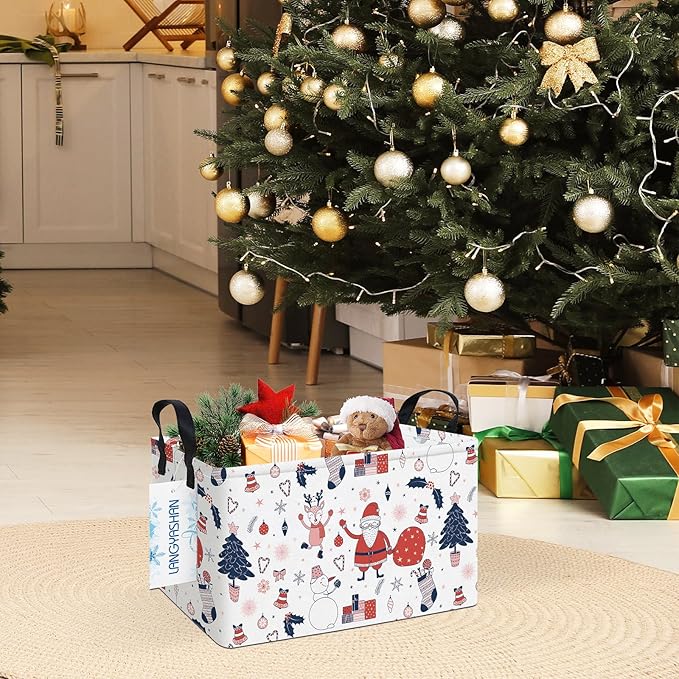 LANGYASHAN Rectangular Christmas Santa Claus Storage Basket with Handles for Organizing Home Kitchen Boys and Girls Toys Office Closet Shelf Baskets (Rec Santa Claus)