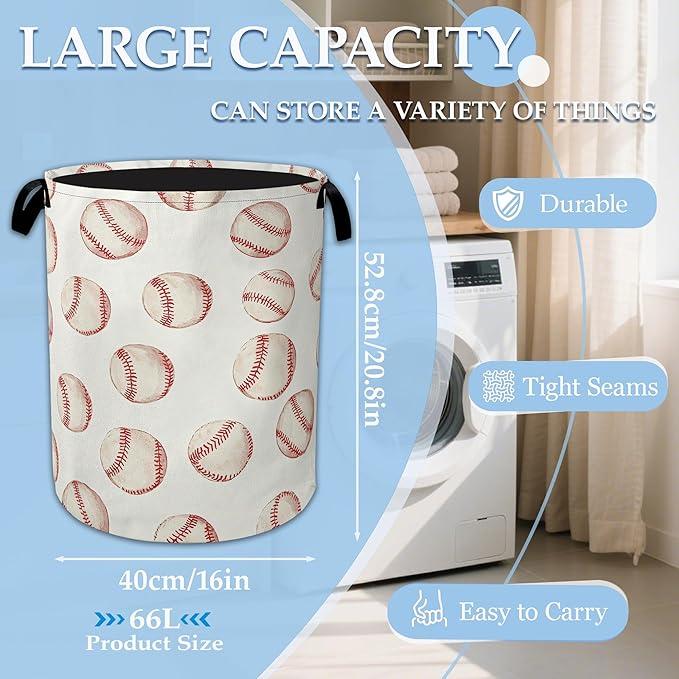 Groovy Baseball Laundry Basket Collapsible Laundry Hamper Clothes Toy Storage Bin for Bathroom Bedroom Room Decor 16" X 20.8"
