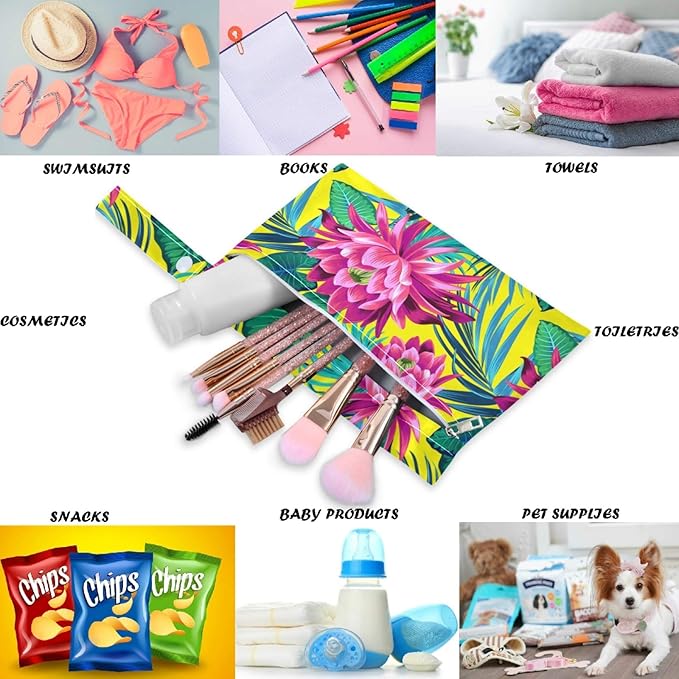 visesunny Tropical Leaf Lotus Floral 2Pcs Wet Bag with Zippered Pockets Washable Reusable Roomy for Travel,Beach,Pool,Daycare,Stroller,Diapers,Dirty Gym Clothes, Wet Swimsuits, Toiletries