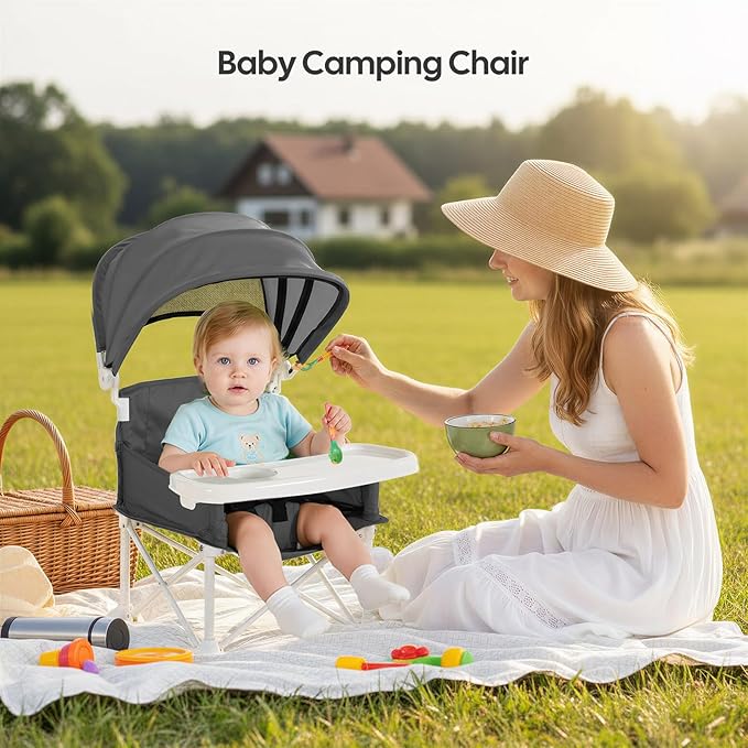 Cochildor 4-in-1 Portable Baby Chair, Foldable Toddler Booster Seat with Removable Tray, Canopy & Safety Harness, Gray