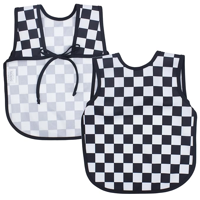 BapronBaby Black Checkerboard Bapron - No Neck Tie Safer Bib for Baby & Toddler - Soft Waterproof Stain Resistant - Machine Washable - Sz Preschool 3-5yrs