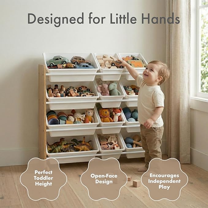 Humble Crew Toy Storage Organizer with 12 Removable Storage Bins for Kids Playroom, 4-Tier Toddler Toy Organization, Natural Wood/White
