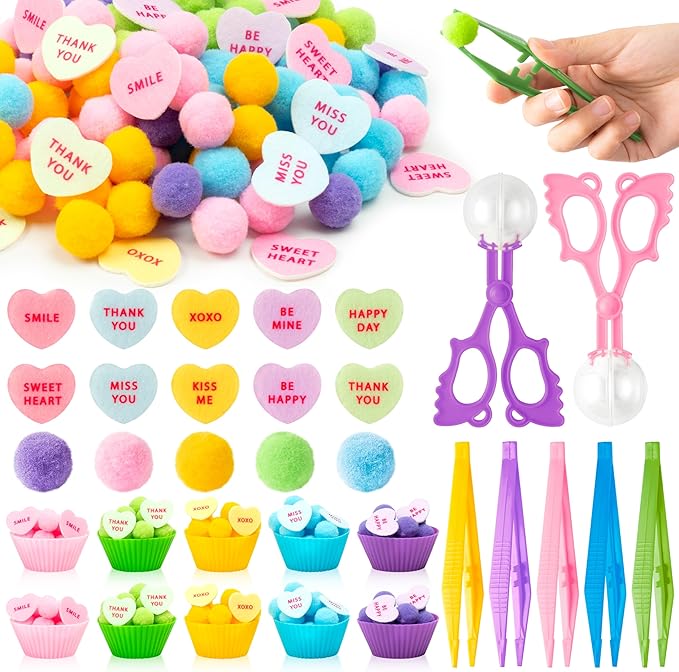 EZdhuawuse Valentines Sensory Bin Fillers - 268P Valentine’s Day Gift Fine Motor Toy Counting Sorting Set for Kid, Felt Conversation Heart Colorful Pom Poms Cup Clip for Preschool Education Activities