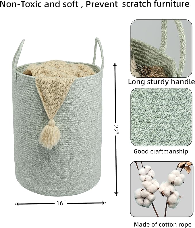 Cotton Rope Laundry Basket Hamper for Clothes Woven Storage Basket for Living Room Bedroom Boho Tall Rope Baskets for Blanket Toys Pillow Towels Baby Nursery Hamper Bin green Large