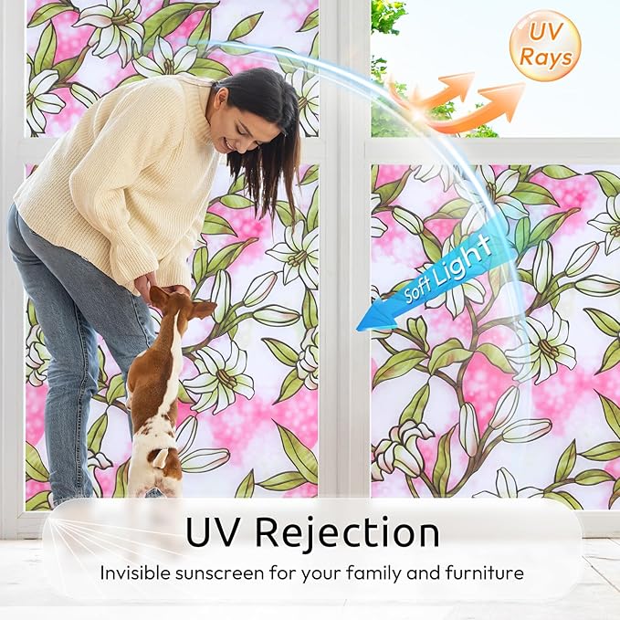 rabbitgoo Pink Lily Window Film Privacy Frosted Glass Cover - Static Cling Removable Decorative Window Tint for Bathroom, Bedroom, Living Room (35.4 x 78.7 Inch)