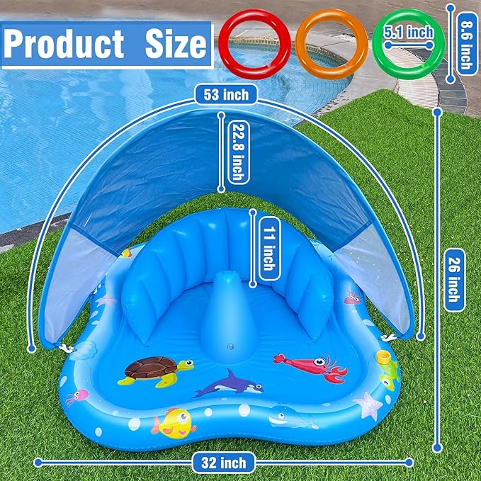 iGeeKid Baby Play Mat with Sprinkler, Inflatable Baby Pool Float with Canopy Backrest & Stackable Rings Water Sprinkler for Kids, Outdoor Water Play Toys for Toddlers Backyard Swimming Water Games