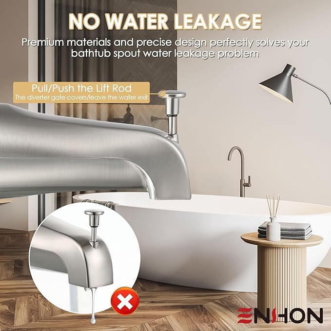 Enhon Slip on Tub Spout with Diverter, Compatible with American Standard 8888026.002 Tub Spout, Bathroom Bathtub Faucet, Fits 1/2 Copper Water Tube(5/8 Dia), 5/32 Hex Wrench(Brushed Nickel,2)