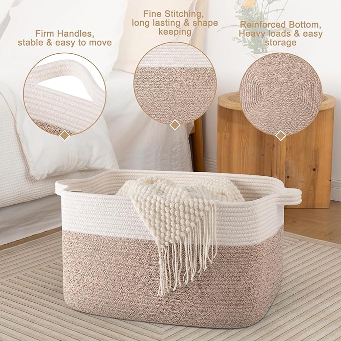 SIXDOVE 65L Large Storage Basket, Cotton Rope Woven Blanket Basket, Toy Storage for Baby Room, Living Room, Brown & White