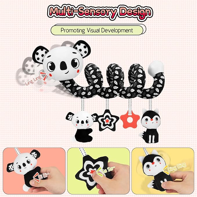 FPVERA Car Seat Toys for Babies 0-6 Months: Travel Baby Toy for Soft Hanging Toys for Carseat, Spiral Plush High Contrast Black and White Toy for Infant Boys Girls