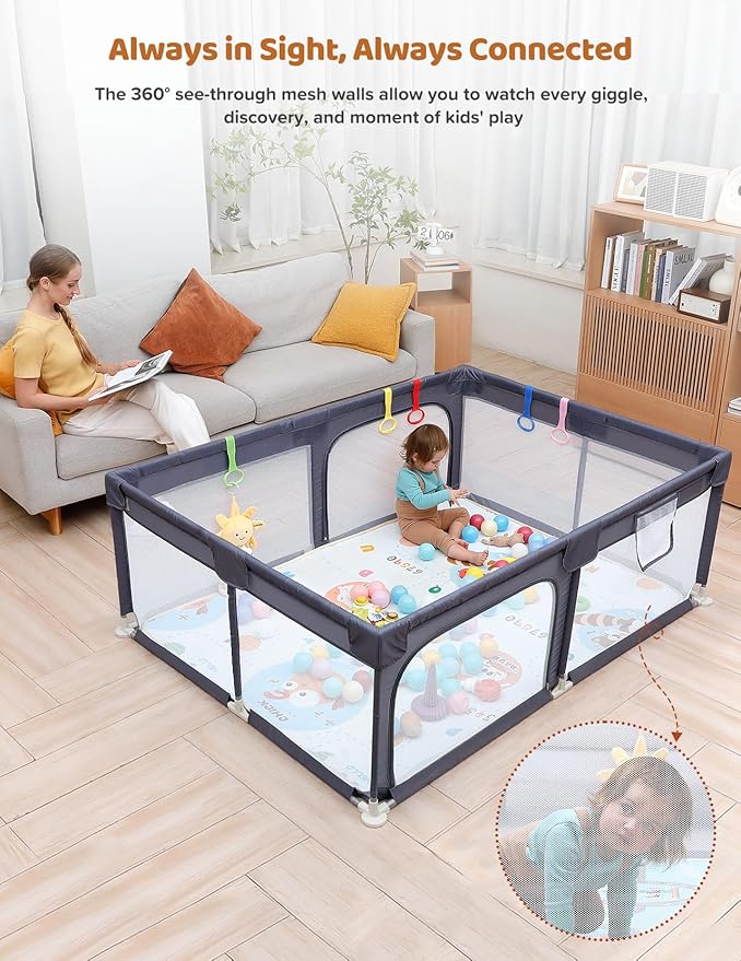 Dripex Baby Playpen with Mat, 71"x47" Play Pen for Toddlers 1-3 Years, Soft Breathable Visible Mesh, Indoor/Outdoor Portable Play Yard with Mat, Safe Baby Fence Play Area, Dark Grey
