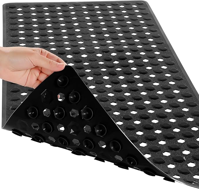 Yimobra Bathtub Mat Non Slip, 27.5"x15.5" Machine Washable Shower Floor Mat, Soft on Feet, Bathmat with Drain Holes and Suction Cups, Bathroom Essentials, Black