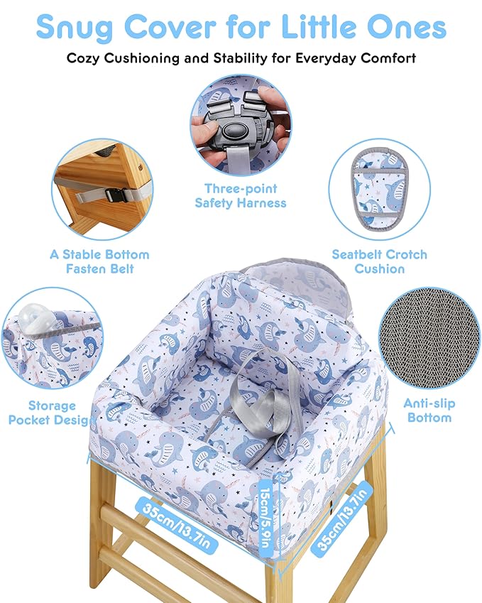 High Chair Cover Portable with 3-Point Harness, Waterproof Baby Seat Cover for Restaurant Travel Home Use, Machine Washable, Fits Wooden Chairs (Blue Whale)