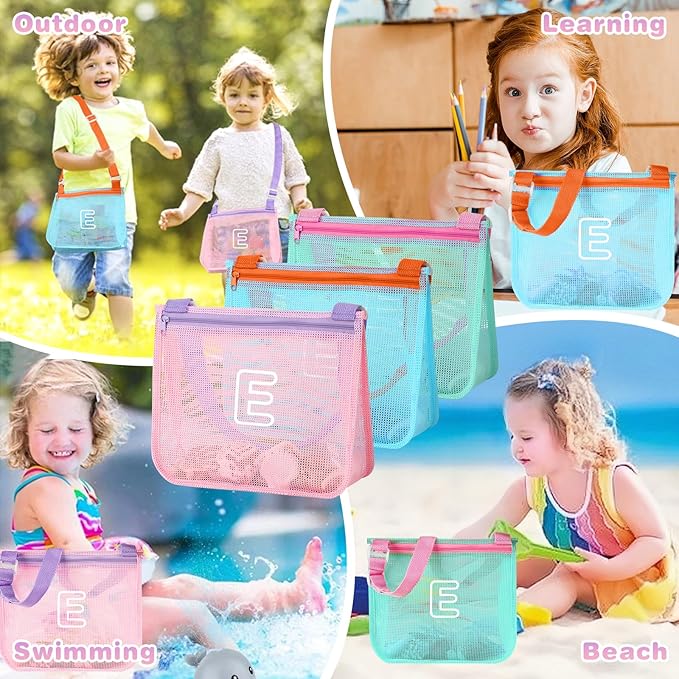 3Pcs Personalized Kids Beach Shell Bag, Initial Seashell Mesh Zipper Beach Pouch, Shell Collecting Bag for Holding Shells with Adjustable Straps, Sand Toys Swim Pouch Gift for Girl Boy Teens(Letter E)