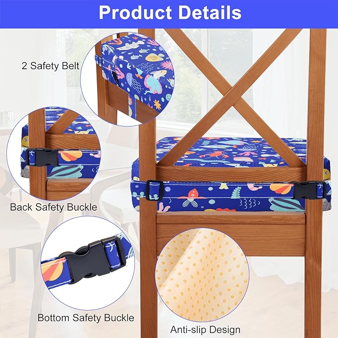 Toddler Booster Seat for Kitchen Chair Dining Table, Washable Thick Strong Support Portable Booster Chair for Toddlers Eating, Easy Cleaning Booster Seat Cushion Detachable with Adjustable Straps