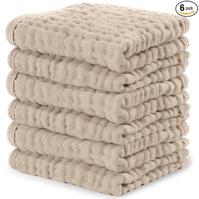 Comfy Cubs Muslin Baby Washcloths 6 Pack - Soft 6-Layer Cotton Wash Cloths for Sensitive Skin - 10"x10" Large, Gentle, Absorbent Infant Essentials for Newborn and Toddlers - Sand