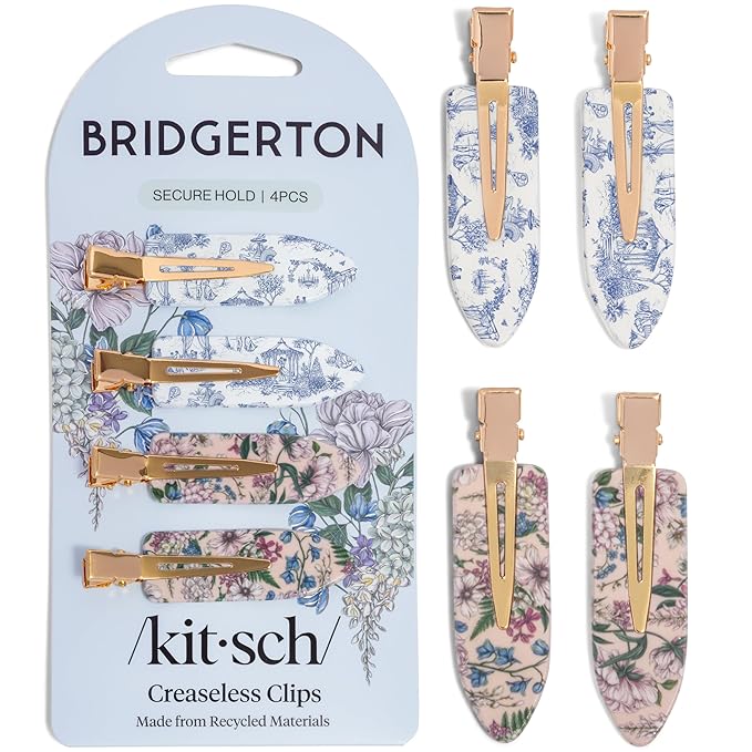 Bridgerton x Kitsch Creaseless Hair Clips for Women - No Crease, No Bend Hair Clips for Styling, Bangs, Makeup Application, Face Wash | Recycled Acrylic - Toile in Bloom | Ideal Gifts for Women, 4pcs