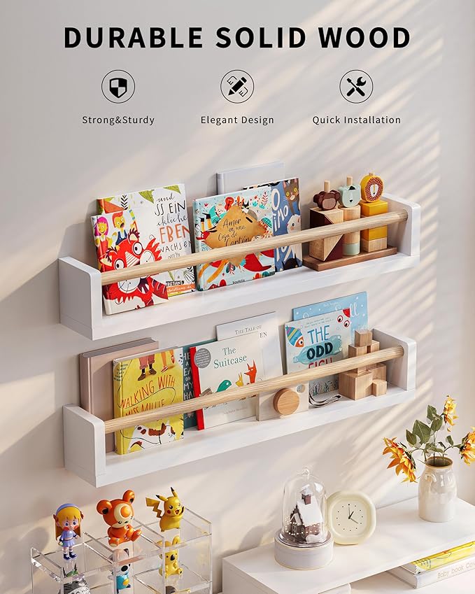 Nursery Book Shelves, 4 Pack, Wall Book Shelves for Kids Room, Baby, Toddler, Nursery Decor (White Wood, 23 Inches)