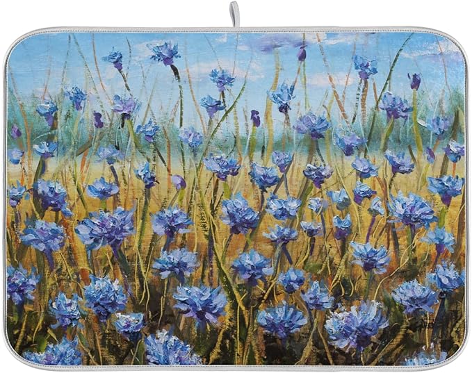 Absorbent Dish Drying Mat for Kitchen Counter - Oil Painting Flowers Microfiber Drying Pad, Reversible Drainer Mats for Countertop, Large 18" x 24"