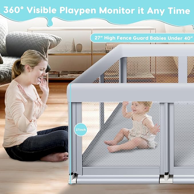 Fshibila 74" ×50" Large Baby Playpen, Baby Playard for Babies and Toddlers, Baby Fence Play Pens for Indoor & Outdoor, Sturdy Safety Play Yard with Soft Breathable Mesh, Anti-Fall, Grey