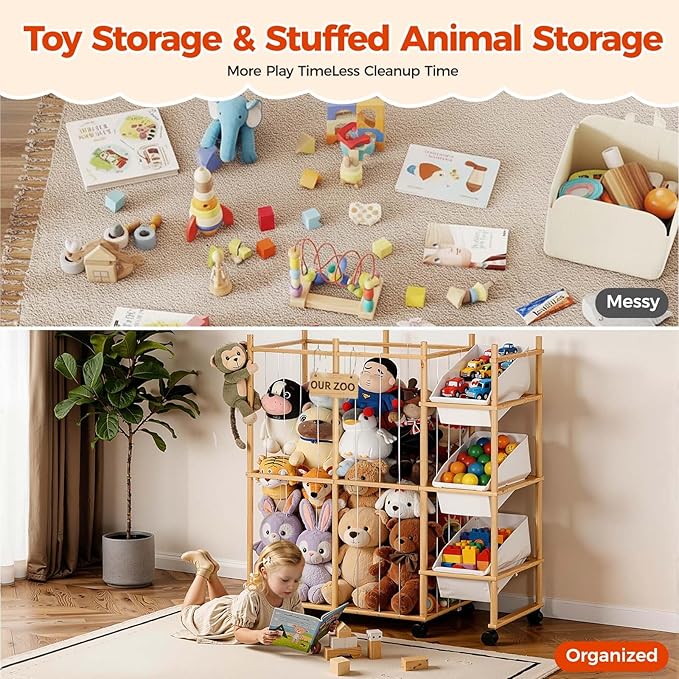 Toy Storage Organizer with 3 Removable Bins, Kids Storage Toy Shelf Organizer for Stuffed Animal Holder for Bedroom Playroom Nursery | Wood & White