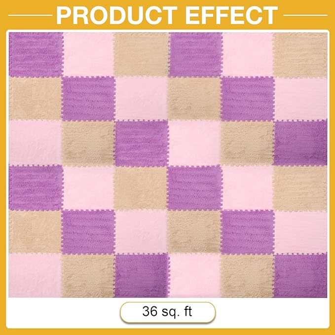 36 Pcs Plush Interlocking Carpet Tiles, Non-Toxic Foam Carpet Tiles for Toddler Baby, Anti-Slip, EVA Foam Interlocking Tiles for Floor, Nursery, Playroom, Purple, Light Brown, Pink
