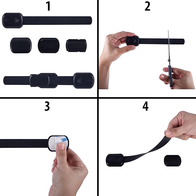 CUTESAFETY - Child Safety Cabinet Locks (6 Pack) – Adjustable Baby Proofing Strap Latches with Strong 3M Adhesive – No Drill Childproof Locks for Drawers, Cabinets, Fridge, Door, Closet, Black