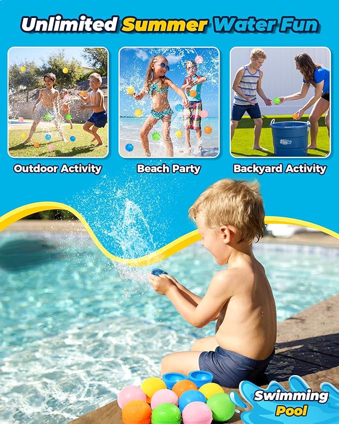 SOPPYCID 20 Pcs Reusable Water Balloons, Self Sealing, Refillable Water Bomb Splash Balls, Pool Beach Water Toys for Kids Ages 3-12, Kids Toys for Summer Fun Outdoor Activities Water Party Favors