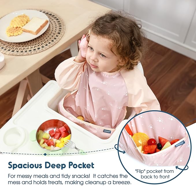 GRSSDER 2 Pack Long Sleeve Baby Feeding Bibs, Super Soft Lightweight Waterproof Coverall Baby Led Weaning Bib with Large Food Catcher Pocket, Adjustable and Easy Clean for 6-30 Months