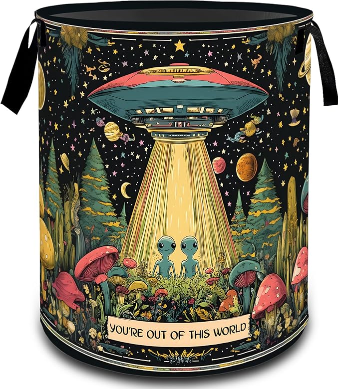 VODRM Alien Ufo Mushroom Star Galaxy Laundry Basket, Dirty Collapsible Clothes Toy Organizer Hamper for Kids Adults, Oxford Cloth Waterproof Storage Bin for Bathroom Home Decor Gifts, 19.7"X15.7"