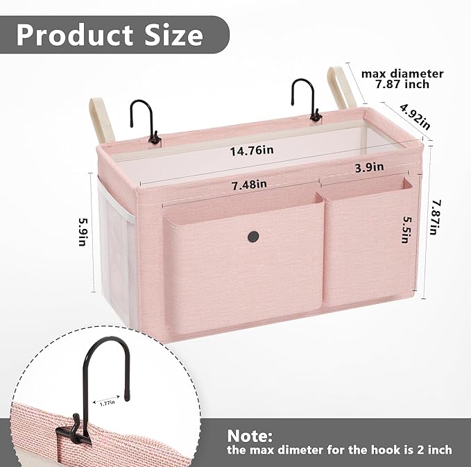 Edudif Bedside Caddy Bedside Organizer with Fixed Straps & Water Bottle Holder, Bunk Bed Caddy ideal for Home, Dorm, Hospital, Crib, Versatile Bedside Storage Solution (Pink 2pcs)
