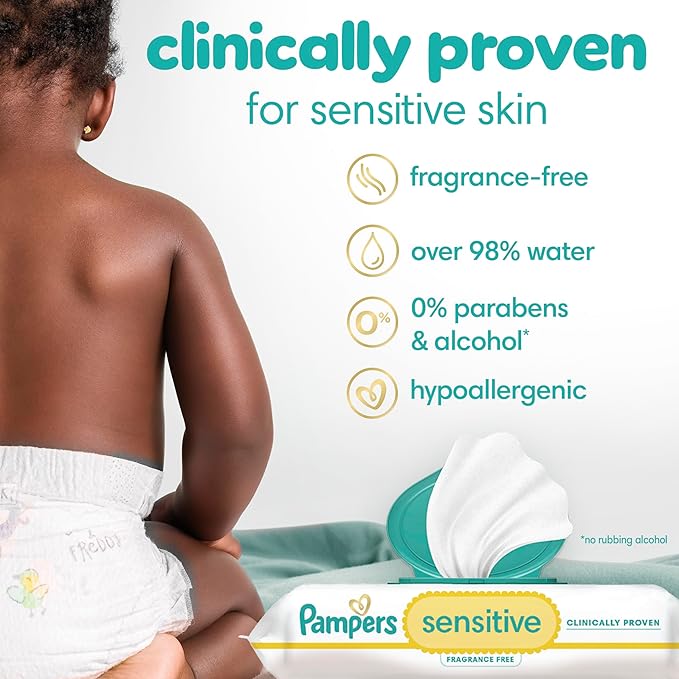 Pampers Sensitive Baby Wipes, Water Based Baby Wipes, Fragrance Free and Hypoallergenic, 588 Wipes Total (7X Refill Packs) [Packaging May Vary]