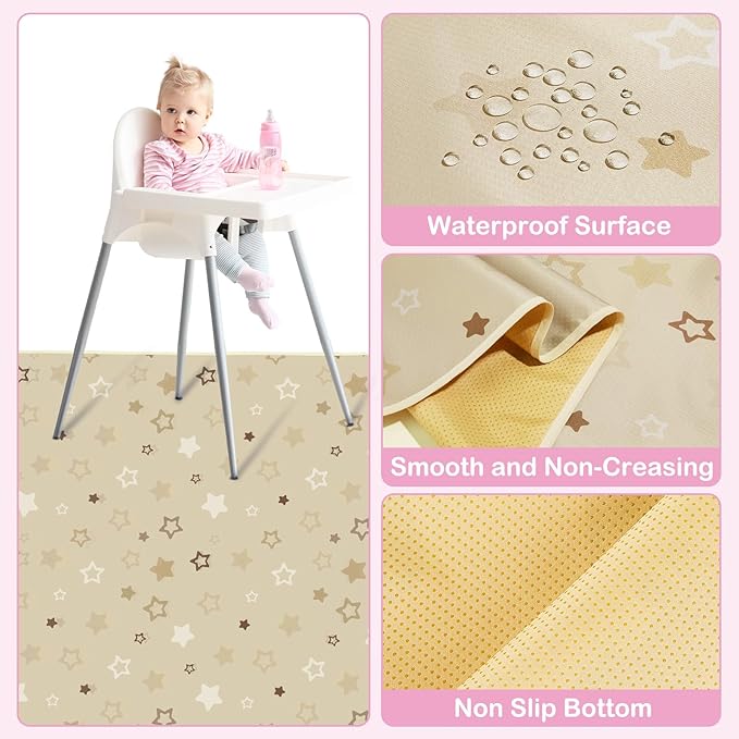 Basumee Splat Mat High Chair Mat Waterproof Baby Play Splat Mat for Under High Chair Food Catcher Highchair Mat for Floor Non Slip Bottom, Brown Stars, 46x42 Inches