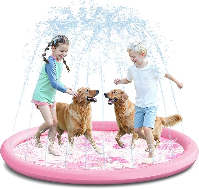 SLOOSH Splash Pad Sprinkler Mat - 6ft Tropical Leaves Outdoor Water Play Toys for Kids Dogs, Backyard Party in Summer Decor Outside Water Games Fountain Pool Children Boys Girls Toddlers Baby (Pink)