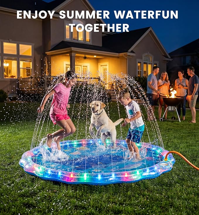 LED Glowing Splash Pad Sprinkler for Kids & Dogs, 60" Non-Slip Outdoor Water Toys Toddler Sprinkler Pool Splash Pad/Play Mat,LED Light Boys Girls Yard Sprinkler Pool for Kids