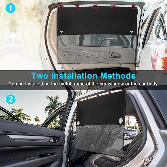 Car Window Shades, 2 Pcs Half Blackout & Half See-Through Magnetic Sun Shade for Rear Window Covers with Fixed Suction Cups,Car Curtains for Baby Sun/Heat/UV Protection