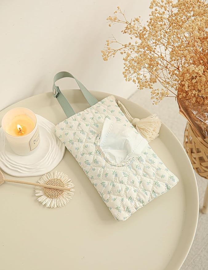Quilted Baby Wipe Holder Quilted Wipe Pouch Portable Hanging Floral Wet Wipes Bag for Car, Stroller (Light Green 2)