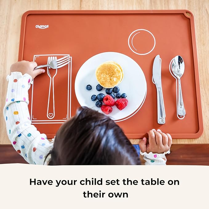 CHAMOS Montessori Placemat for Toddlers - Kids Silicone Mats for Dining Table - Set of 2 - Table Setting Learning (Clay and Beige)