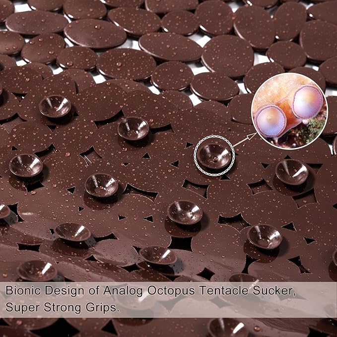 Bath Tub and Shower Mats, Non-Slip Pebble 35 x 16 Inches Machine Washable Bathtub Mat with Drain Holes, Suction Cups for Bathroom (Brown)
