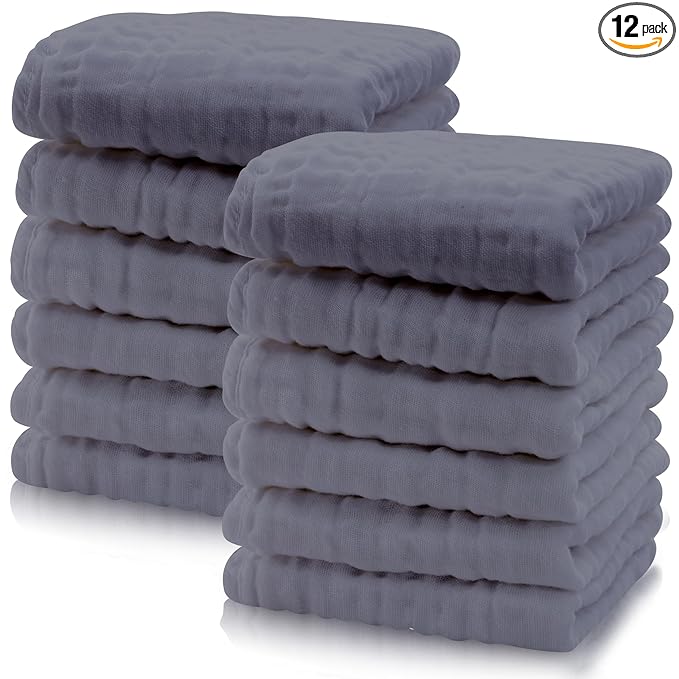 Cute Castle 12 Pack Muslin Baby Washcloths - Large 12'' by 12'' - Ultra Soft 100% Cotton - Super Absorbent Burp Cloths for Unisex, Boy, Girl -Grey