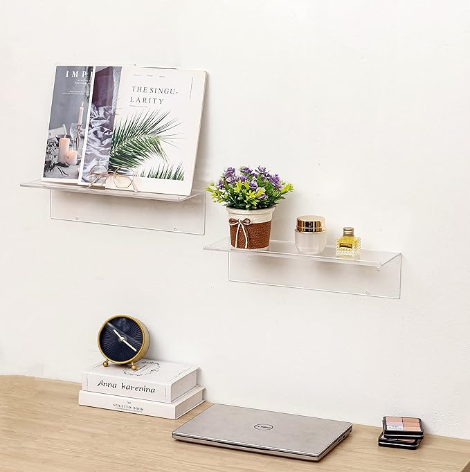 CY craft Clear Floating Shelves Display Ledge,2 PCS Decorative Wall Storage Shelves with Detachable Towel Hooks,Damage Free Adhesive Acrylic Wall Mounted Shelves for Bathroom,Kitchen,Bedroom or Office