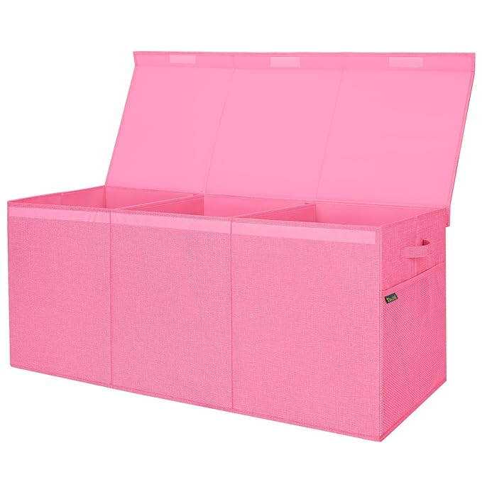 BALEINE Fabric Storage Bins with Lid, Collapsible Extra Large Storage Boxes Bins Baskets with Divider for Home Organizing (37.5"x13"x16", Pink)