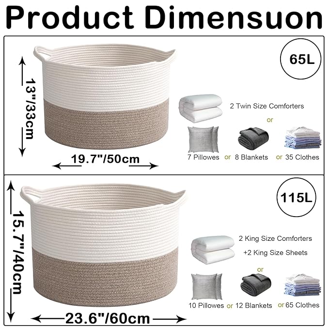 Large Storage Basket with Handle,23.6" x 23.6" x 15.7" Blanket Basket Storage Bins for Organizing,115L Cotton Rope Woven Baskets for Living Room, Nursery ,Bedroom,White&Brown