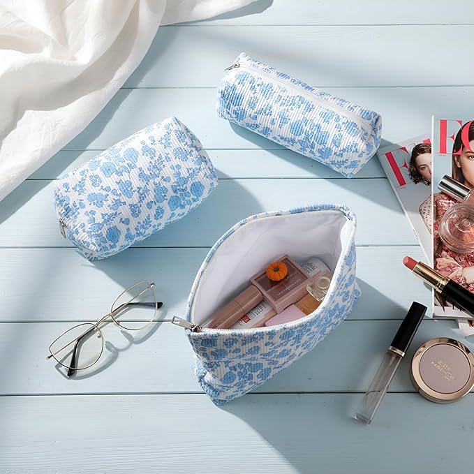 3 Pcs Makeup Bag Set for Women Corduroy Cosmetic Pouch Aesthetic Smile Travel Toiletry Bag Cute Purse Pouch Pencil Case Makeup Brushes Storage Organizer with Zipper (Blue,Floral)